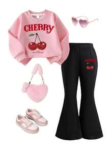 2pcs Set Girls Sweet Cherry Print Sweatshirt Set, Soft & Comfortable, Spring & Autumn Daily Casual Wear