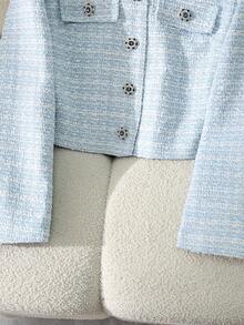 2 件套粗花呢短款夹克和迷你裙，仿口袋正面纽扣开合，优雅 - 淺藍色 - 查看 4