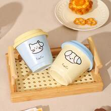 1 pieza Taza de cerámica para café, té o agua, con tapa de silicona antipolvo, hecha a mano con diseño de dibujos animados, resistente a altas temperaturas, de colores brillantes, agarre cómodo, boca ancha, borde redondo, base antideslizante, adecuada para decoración de encaje, para uso doméstico u oficina, apta para uso personal o como regalo