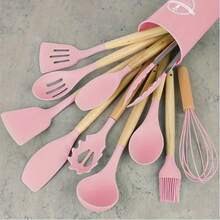 12 Piece /Set Of High-End Non Stick Silicone Kitchen Utensils With Ergonomic Wooden Handle - Heat-Resistant And Easy To Clean, Suitable For Cooking And Baking, And Durable - Ideal Choice For School And Home Cooking Enthusiasts