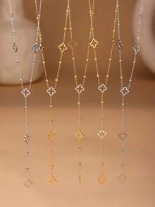 TONSI 1 件时尚奢华简约 18K 镀金不锈钢锆石四叶花串珠流苏项链，Y 形四叶草吊坠项链，颈链，适合女性日常、约会、派对场合 - 彩色 - 查看 3