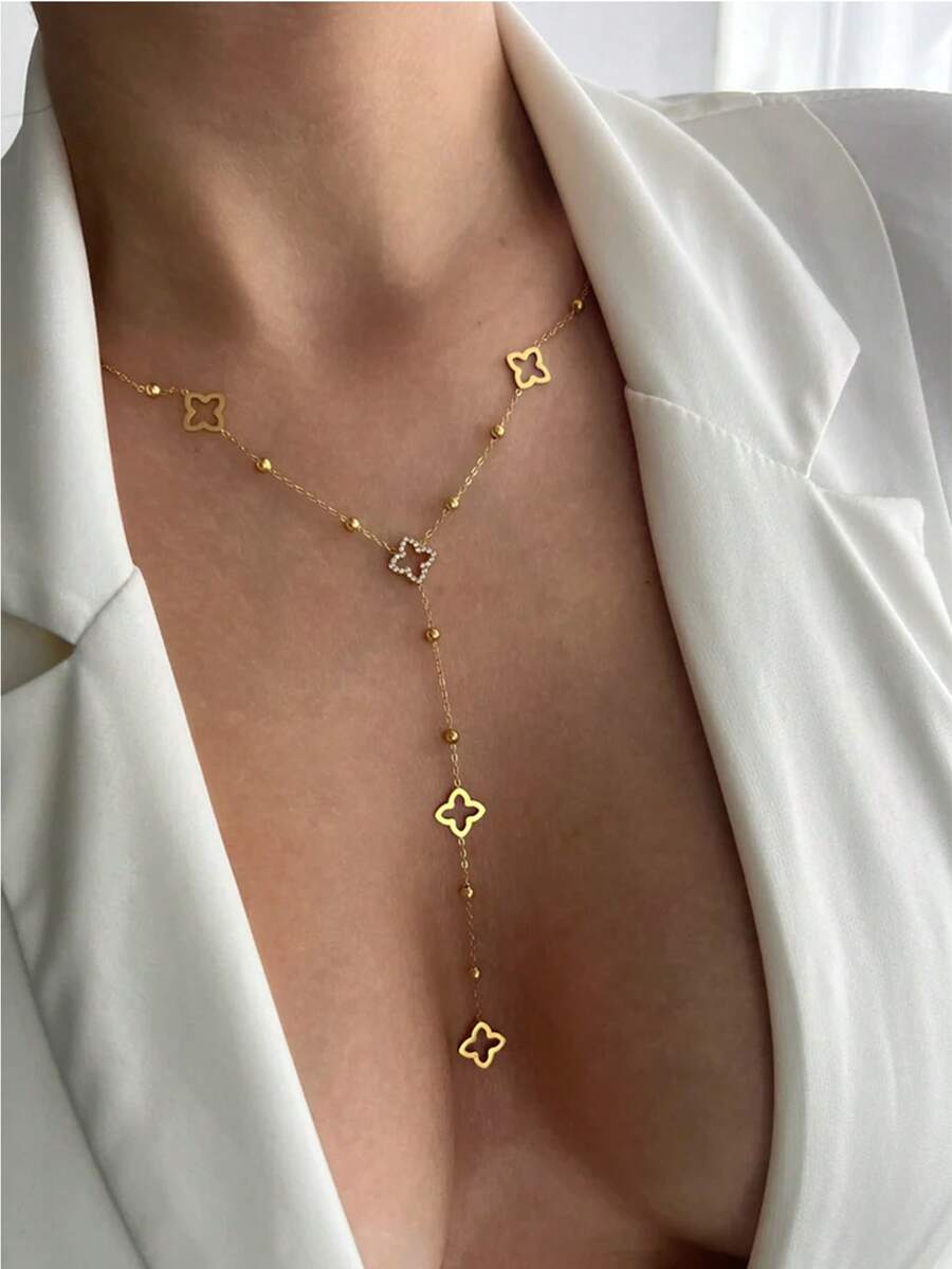 TONSI 1 件时尚奢华简约 18K 镀金不锈钢锆石四叶花串珠流苏项链，Y 形四叶草吊坠项链，颈链，适合女性日常、约会、派对场合 - 彩色 - 查看 1