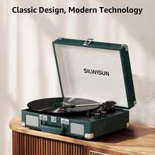 SILWISUN Vinyl Record Player 3 Speed Turntable With Bluetooth, Built In Battery, Portable Suitcase, Built In Speakers,Type-C Port 3.5mm Headphone Jack Aux In/RCA Out Pink For Home Decoration Gift