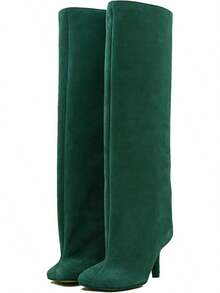 DOBOYG Suede Knee High Boots For Women Thigh High Boots Wide Calf Square Toe Stiletto Tall BootsChristmas - 綠色 - 查看 1