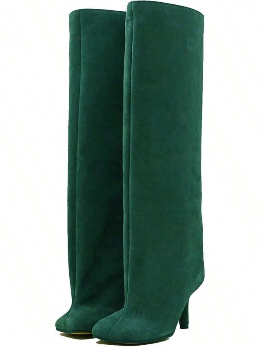 DOBOYG Suede Knee High Boots For Women Thigh High Boots Wide Calf Square Toe Stiletto Tall BootsChristmas - 綠色 - 查看 1