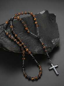 1pc Natural Stone Bead Tiger Eye Cross Pendant Necklace, Unisex - Yellow - View 1