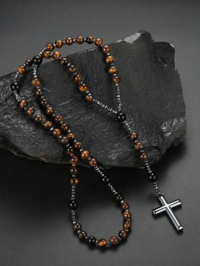 1pc Natural Stone Bead Tiger Eye Cross Pendant Necklace, Unisex