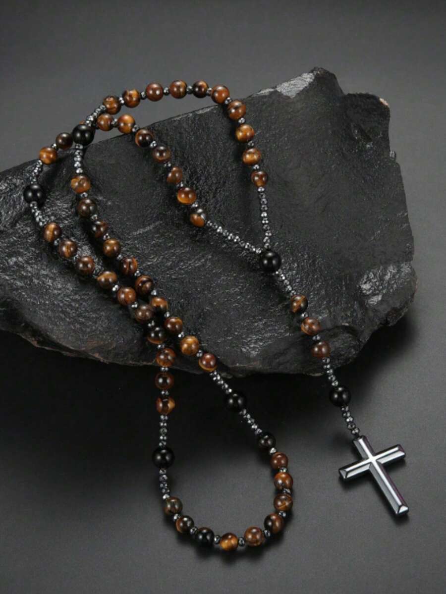 1pc Natural Stone Bead Tiger Eye Cross Pendant Necklace, Unisex - Yellow - View 1