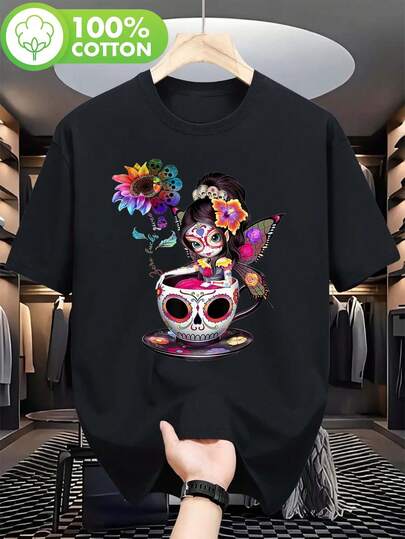 Camiseta gráfica de hombre 100% algodón - Diseño vibrante de calavera de hada, taza de café y girasol, cuello redondo, manga corta, ajuste casual para todas las estaciones, perfecta para atuendos casuales, actividades al aire  ropa casual