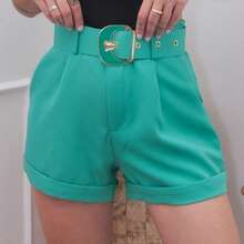 Bin Hang - Shorts de verão femininos com cós de metal e bainha enrolada