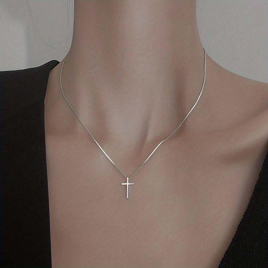 Elegant And Simple Cross Pendant Necklace For Teenagers - Perfect For Halloween, Christmas, And Parties - Exquisite Gift Jewelry, Christmas Jewelry| Minimalist Necklace| Zinc Alloy Necklace, Suitable For Teenagers - 銀色 - 查看 1