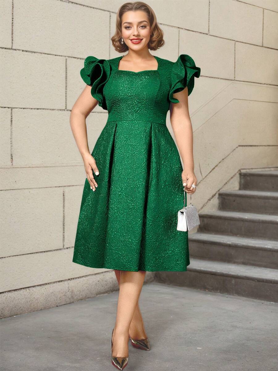 AOMEI Plus Size Summer Green Jacquard A Line Party Dresses Ruffles Sleeves Date Out Event Women Birthday Gowns - Green - View 1
