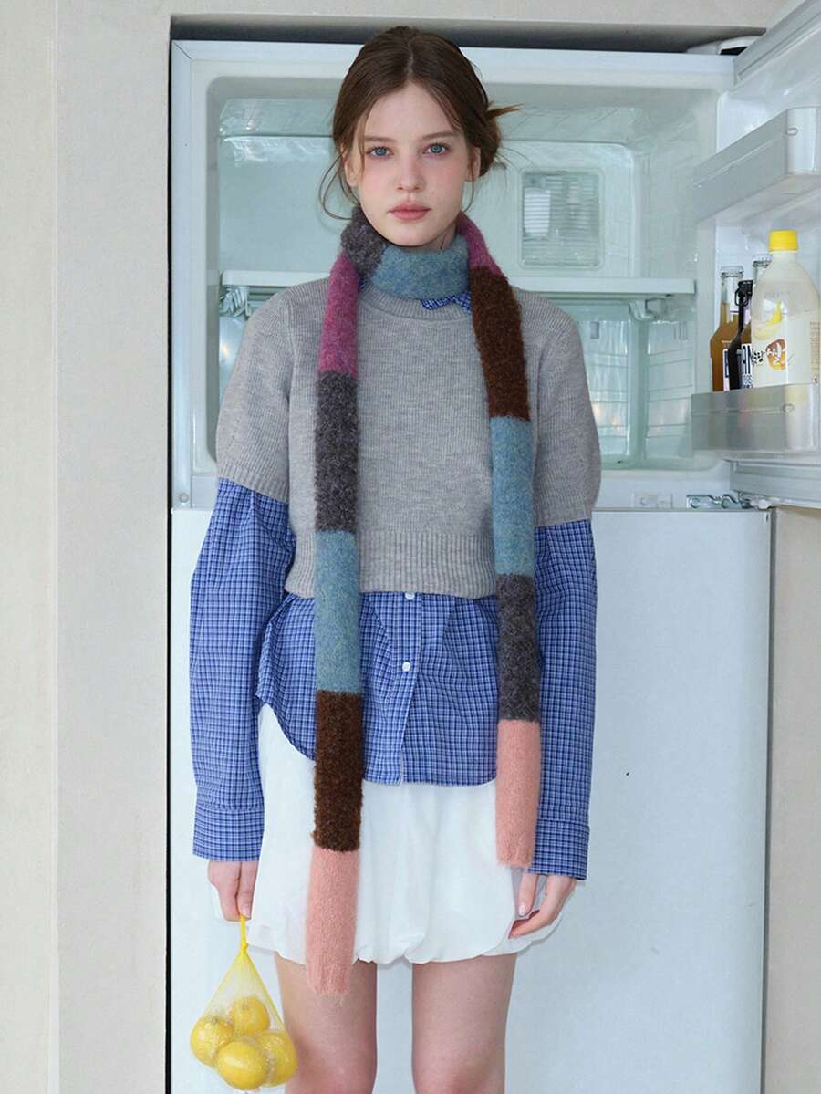 Niche Design Knitted Blend Knitted Scarf, Y2K Vibes Skinny Scarf, Colorful Patchwork Decorative Neck Warmer,Travel Essential,Beach Towel - Multicolor - View 1