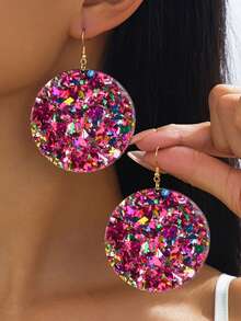 1 Pair Retro Geometric Round Multicolor Glitter Dangle Earrings For Women, Versatile Accessory For Vacation, Party, Gift - Hot Pink - View 1