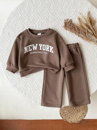 2pcs/Set Toddler Girls' Brown Letter Print Crew Neck Long Sleeve Sweatshirt & Elastic Waist Straight Leg Casual Pants Outfit, 6-36 Months, Spring/Autumn