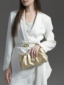 Bolso de hombro de diseñador de lujo, cartera de embrague de cuero de PU para mujer - Dorado - Ver 3