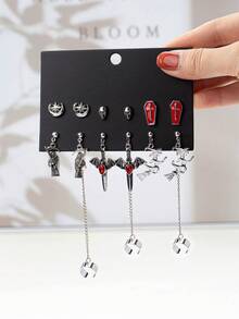 6 Pairs Gothic Cross, Sunflower, Pentagram, Crescent Moon, Raven, Pentagram, Skull Fashionable Earring Set