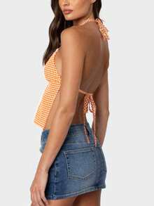 Women's Y2K Plaid Halter Tops Gingham Terry Trim Spaghtti Strap V Neck Slim Fit Camisole Crop Tops Backless Sleeveless Cami Tank Tops Summer Vests Shirts Cute Going Out Tops Vintage Aesthetic Clothes Streetwear - trái cam - Xem 2
