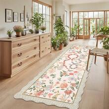 1Pcs Room Decor Modern Washable Scalloped Floral Snake Area Rug For Living Room Indoor Bedroom Foldable Floor Mats, Soft Low Pile Non Shedding Carpets For Offices Non-Slip Runner For Hallway Dorm - 米色 - 查看 3