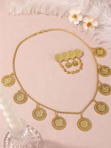 1set Vintage Gold Coin & Turkish Talisman Pendant Necklace With Matching Mini Coin Earrings, Jewelry Set For Women Wedding/Party - Jewelry Sets - View 18