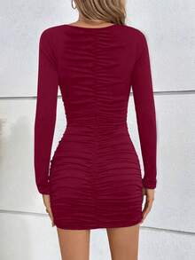 Elegant Ruched Waist Deep V-Neck Long Sleeve Mini Dress, New Arrival Spring/Summer - Burgundy - View 3