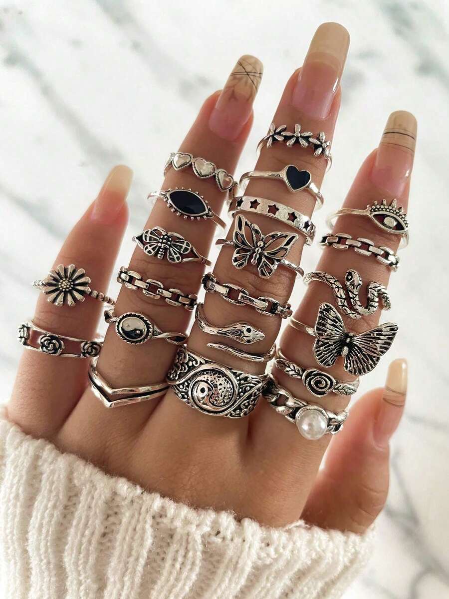 Bộ 21 chiếc nhẫn cổ điển nhiều chất liệu, thích hợp để đeo hàng ngày. - Màu Bạc Cổ - Xem 1