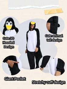 Unisex Adult Animal One - Piece Pajamas,3D Tail & Hood Design, Men & Women Halloween Cosplay Costume / Fall & Winter Homewear / Sleepwear - 黑色 - 查看 5