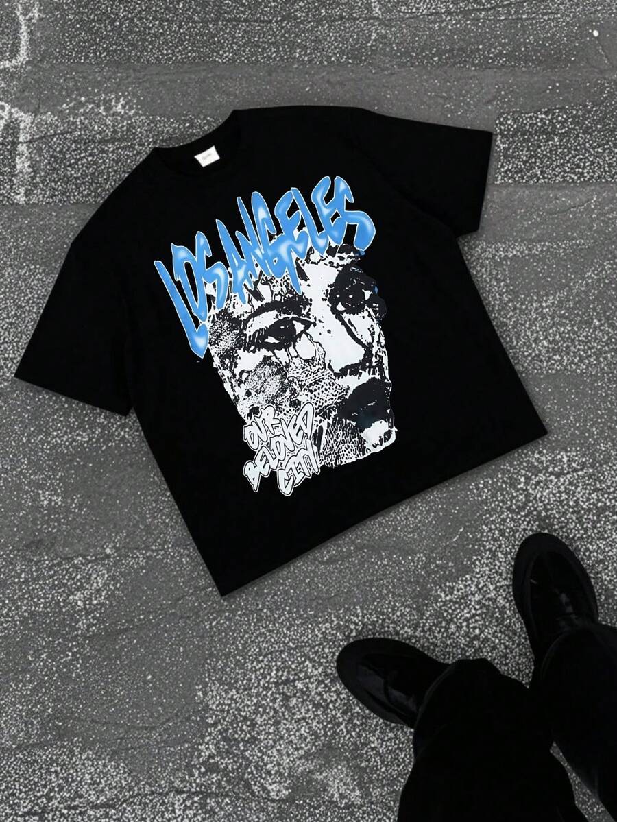 Skull Art T-Shirt | Bold Blue Graffiti Los Angeles Design | Edgy Streetwear Style | Perfect For  Guys | Pure Cotton Men's Short Sleeve - Teenager Sports Tee - College Student Birthday Gift - Halloween Present - Christmas Gift - Men's Fashion - màu đen - Xem 1