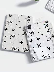 这款精美可爱的卡通黑蝴蝶波点蝴蝶结双面彩绘亚克力透明水晶背壳，防震设计，适用于 iPad 第七代、第八代（10.2 英寸）和第十代。内置笔槽，支持睡眠唤醒功能/多种折叠支架方式。是万圣节和新年礼物的理想之选。