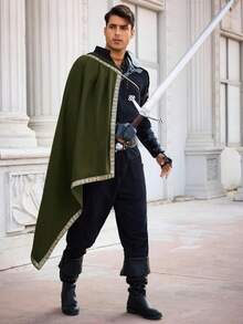 Men's Medieval Renaissance LARP Warrior Cape Shawl Half Shoulder Design Samurai Inspired Cloak Ideal For Ren Faire & Halloween Costumes - 軍綠色 - 查看 3