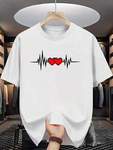 Camiseta Casual de Verano para Hombre con Estampado de Línea de Latido - Gris, Manga Corta, Cuello Redondo, Ligera y Transpirable, Perfecta para Atuendo Casual, Camiseta de Atuendo Casual |   Camiseta gráfica |   Ajuste cómodo, TALLA GRANDE - Blanco - Ver 2