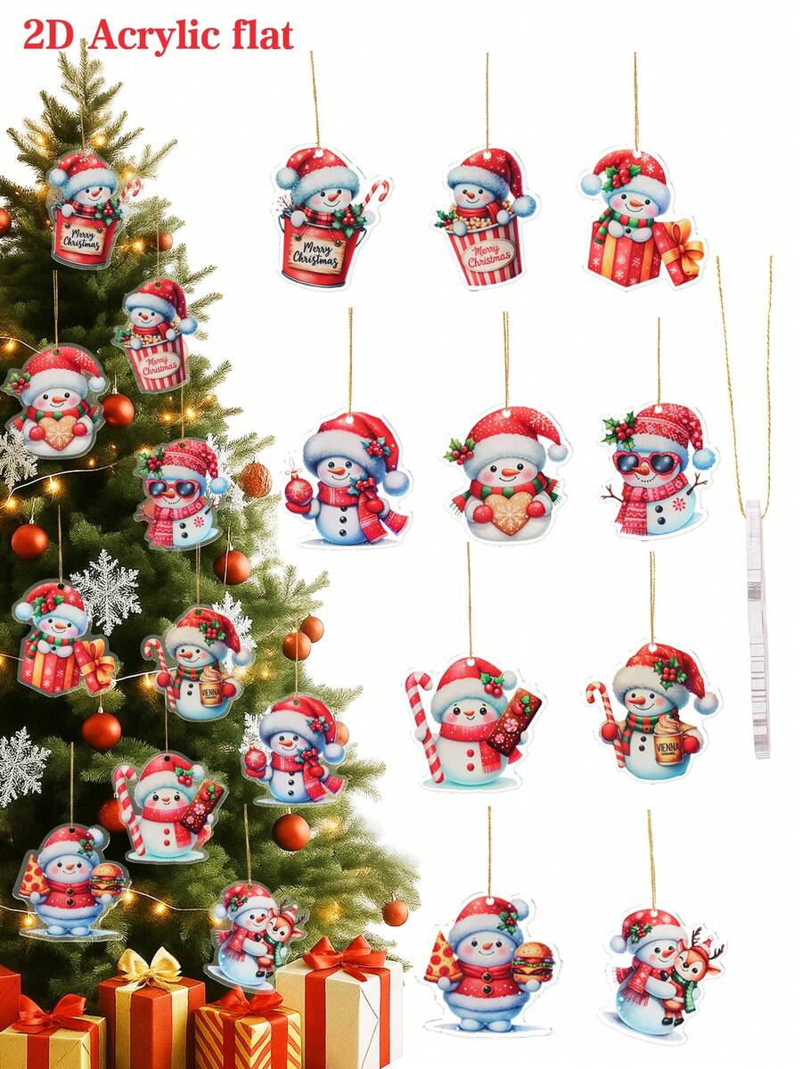 10Pcs Christmas Snowman Acrylic Pendant, Merry Christmas Hanging Ornament Christmas Tree Decoration Pendant, Xmas Decor, Christmas Decorations For Home, Christmas Party Favors, Xmas Party Supplies, Wall Decor, Door Decor, Room Decor, Window Decor, Winter Decorations, Ideal Christmas Gifts, New Year Party Decor