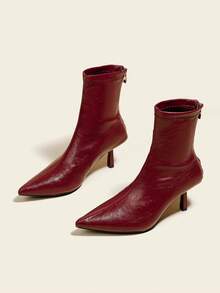 Fall/Winter Women's Black Suede Ankle Boots And Short Boots, 7cm High Heel, Elastic Slim Fit, Comfortable And Fashionable Boots, Black High Heels, Wine Glass Heel, Oil Leather,Kitten Heel Boots - Red - View 2