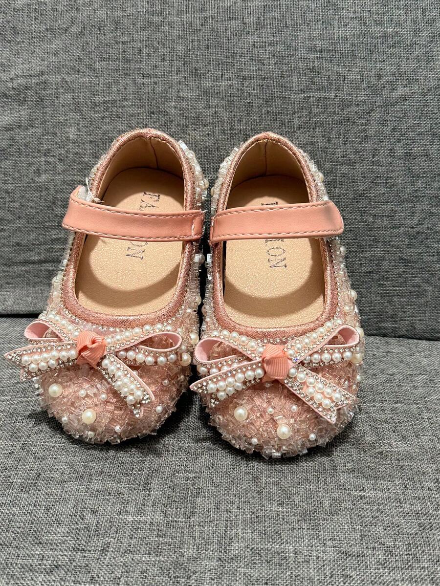 婴儿时尚鞋，宝宝春夏学步鞋，全水晶珍珠装饰蝴蝶结公主鞋，适合女孩，适合派对、正式穿着、度假 - 淺粉色 - 查看 1
