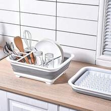 1pc Foldable Plastic Dish Drying Rack With Cutlery Holder, Space-Saving Dish Drainer Basket, Suitable For Home, RV, Camping - Great For Travel Trailers And Campers, Kitchen Essential - Grey - View 6