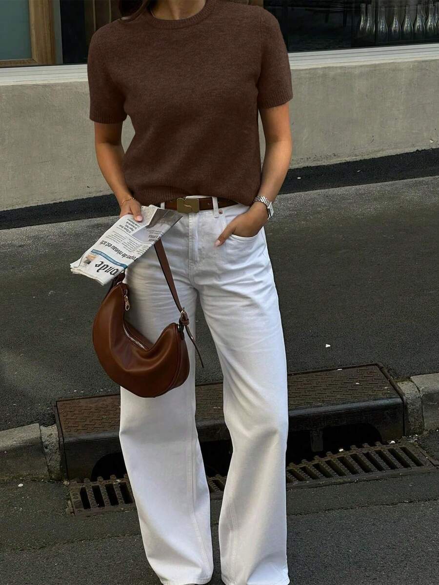 FOR BEAUTY Spring And Summer And Autumn New Women's Coffee Color Simple Temperament Commuting Pullover, Street Elegant College Casual Style, Small Round Neck Solid Color Christmas Knit Top - cà phê - Xem 1