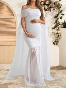 白色高开衩拉链垂褶修身露肩孕妇写真连衣裙 春季 - 白色 - 查看 4