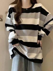 Otoño e Invierno Sudadera Suelta Mujer Simple Peplum Rayas Cuello Redondo Pullover - Negro - Ver 10