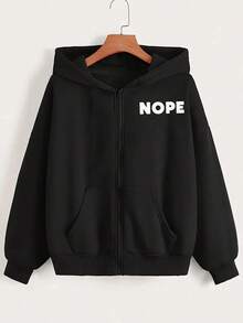 招财猫字母图案休闲大码女式连帽拉链卫衣 - 黑色 - 查看 3