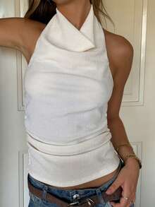 Women High Mock Neck Halter Top Cowl Ruched Open Back Tank Tops Backless Y2k Summer Going Out Tops - White - View 3