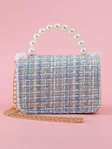 1pc Mini Bow Pearl Lace PU Metallic Chain Flap Closure Cute Handbag Shoulder Bag Snack Bag, Suitable For Teenagers Daily Outing And Festivals - Blue - View 3