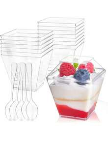100pcs/50pcs/25pcs/20pcs/10pcs Square Clear Plastic Ice Cream Mousse Cup With Transparent Lid,Square Mousse And Ice Cream Cup ,Transparent Plastic Dessert Cup,Dessert Cup, Pudding Cup With Features Of Low Temperature Resistance And Easy Cleaning, Suitable For Cafe, Snack Bar, Buffet Dessert, Home, Entertaining, Kitchen, Baking Party, Pudding, Cheesecake, Mousse, Jelly Cups