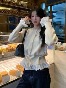 净色荷叶边饰带腰带开衫 - 杏色 - 查看 5