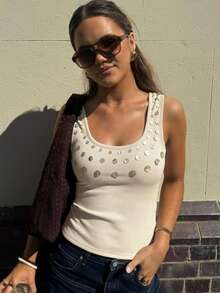 Women's Y2K Sequin Beaded Tank Top U Neck Sleeveless Backless Sparkly Crop Tops Summer Going Out Clubwear - 杏色 - 查看 5