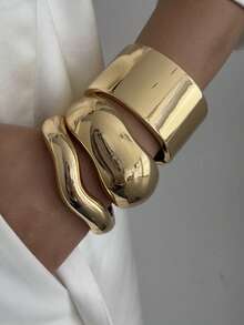 1pc Vintage Punk Thick Alloy Bracelet, Exaggerated Fashion Asymmetrical Wave Metal Design Bracelet, Minimalist Luxurious Charm Bracelet, Suitable For Women - Yellow Gold - View 1