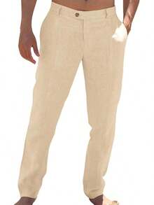 Mens Casual Pants Elastic Waist Cotton Linen Pants Pleated Loose Fit Lightweight Beach Yoga Trousers-20256688 - 米色 - 查看 1