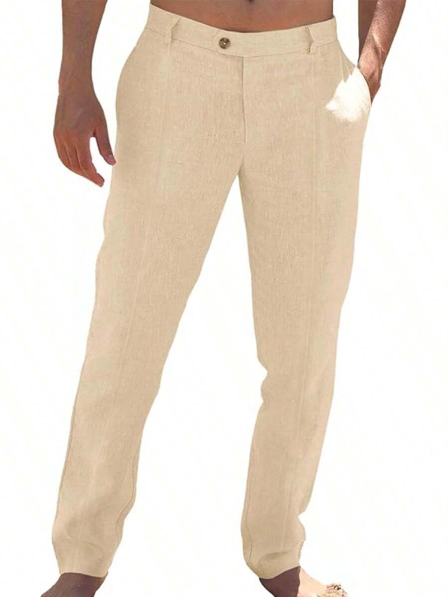 Mens Casual Pants Elastic Waist Cotton Linen Pants Pleated Loose Fit Lightweight Beach Yoga Trousers-20256688 - 米色 - 查看 1