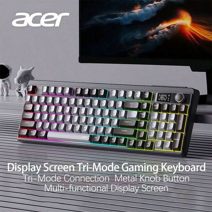 Acer OKW 222 三模鍵盤 智慧電量顯示器 有線/藍牙/2.4G三模連接 90鍵緊湊佈局 輕音按鍵辦公遊戲通用 黑色 - 黑色 - 查看 1