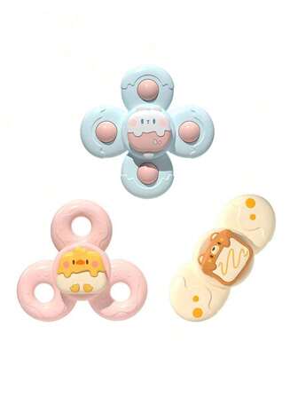 3件婴儿吸盘旋转乐益智玩具0-3岁4朵花旋转陀螺趣味淋浴旋转乐可咬培养婴儿手眼协调能力