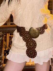 波西米亚复古手工皮带 - 复杂图案金属装饰，时尚个性化单品，适合搭配时尚和节日装扮 - 棕色 - 查看 11